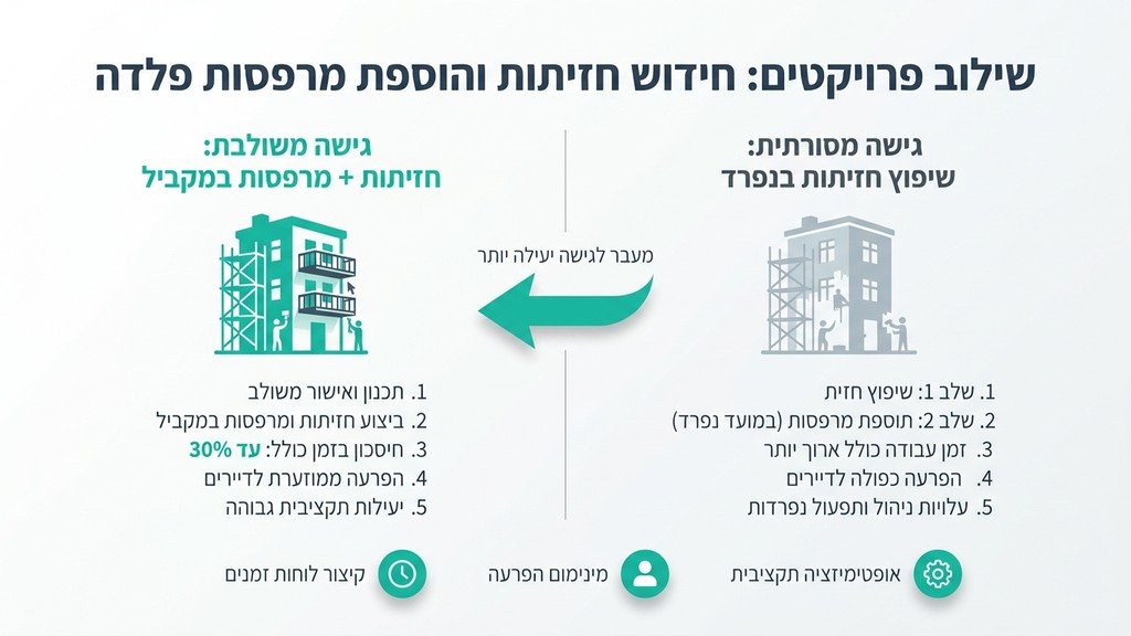 נוצר על ידי מודל בינה מלאכותית Gemini Pro בניין משותף במהלך עבודות הוספת מרפסות פלדה וחידוש חזיתות